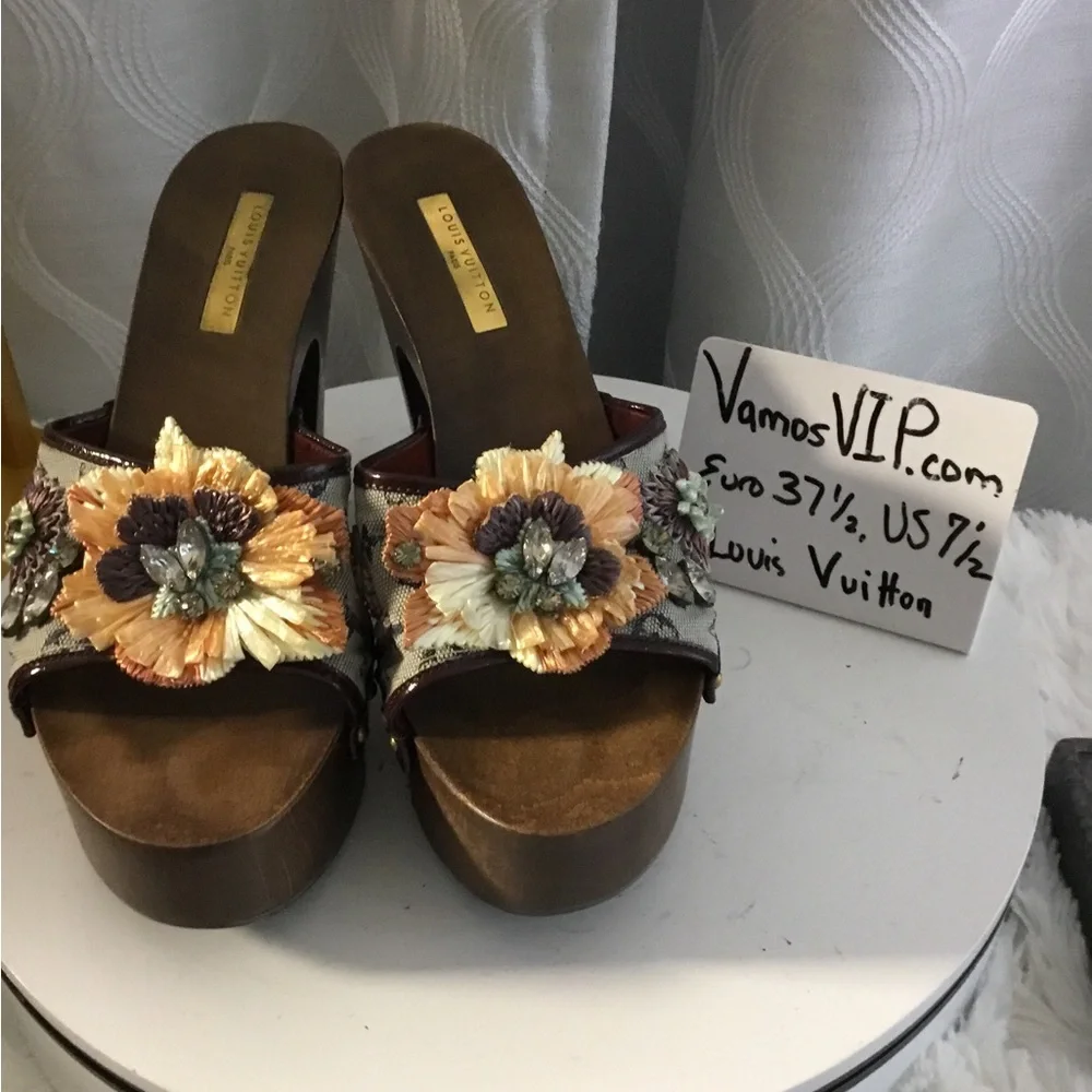 Louis Vuitton Monogram Brown and Cream Floral Platform Mules
